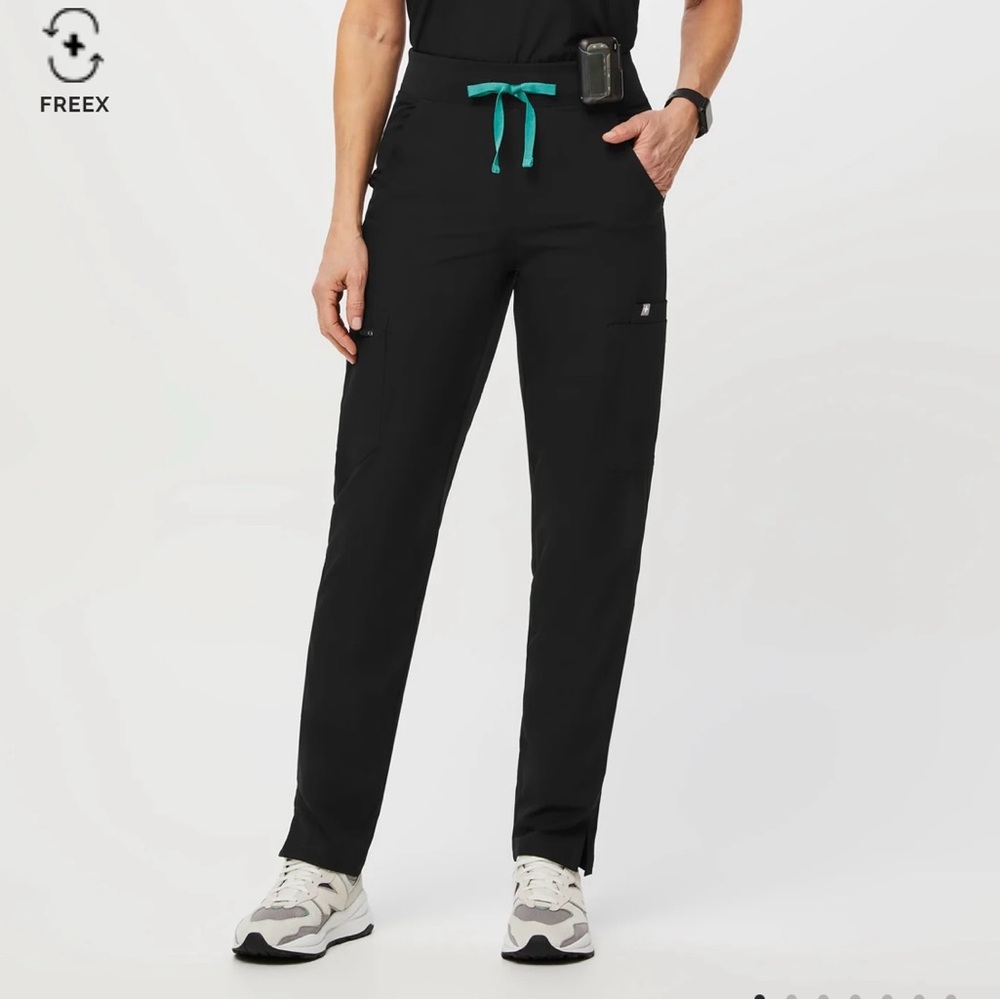 Figs Black Scrub Pants with Teal Drawstring